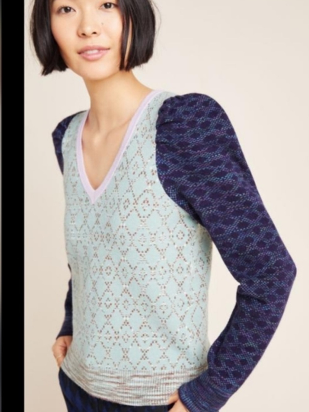 Anthropologie Cherie Soft V‑Neck Sweater with Puff Sleeves Women’s XS Blues